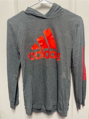 Boy’s Gray Hooded Long-Sleeve Sweater with Red Sleeve Stripes
